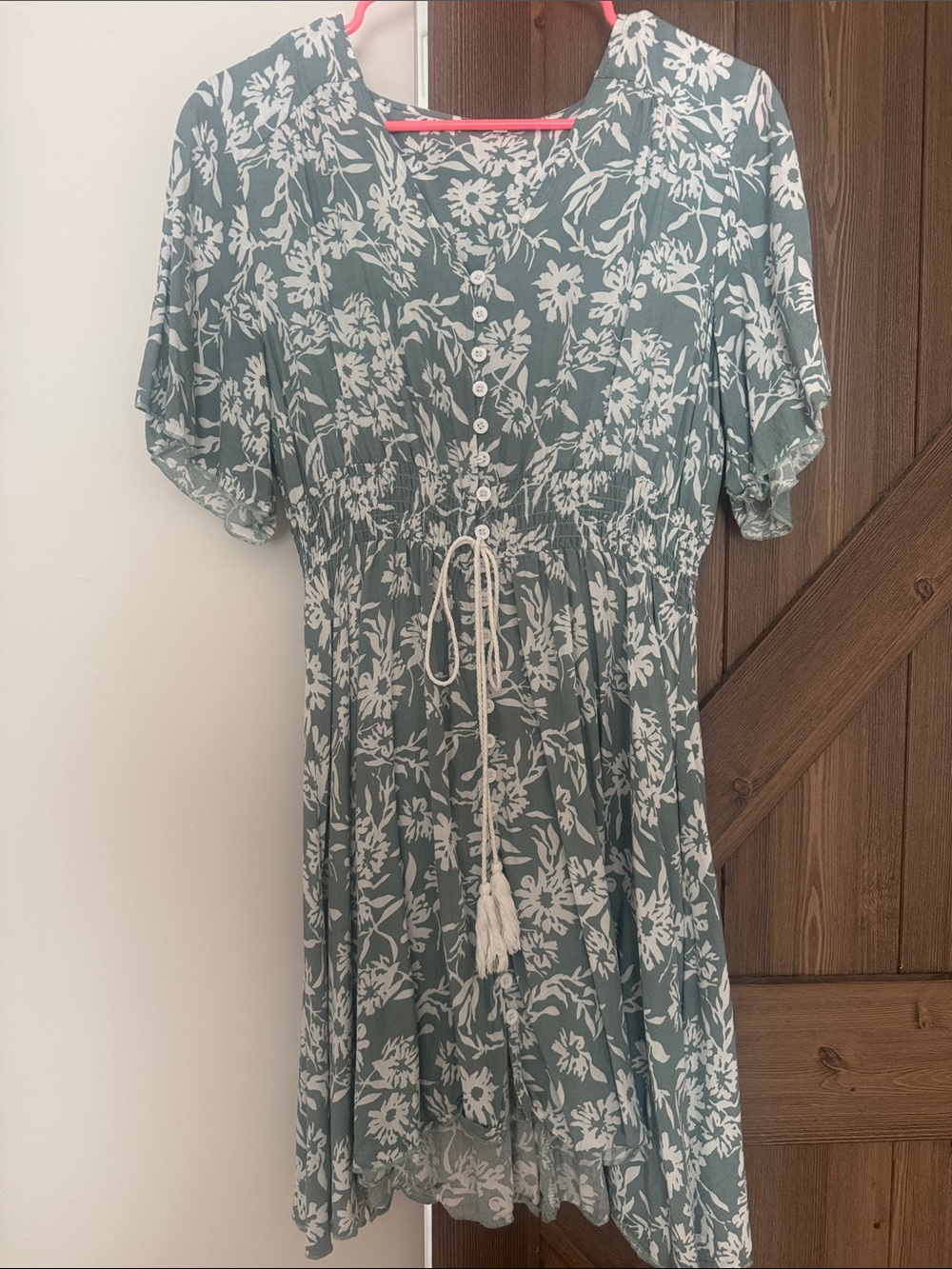 Green Floral Tie-Waist Button Front Dress